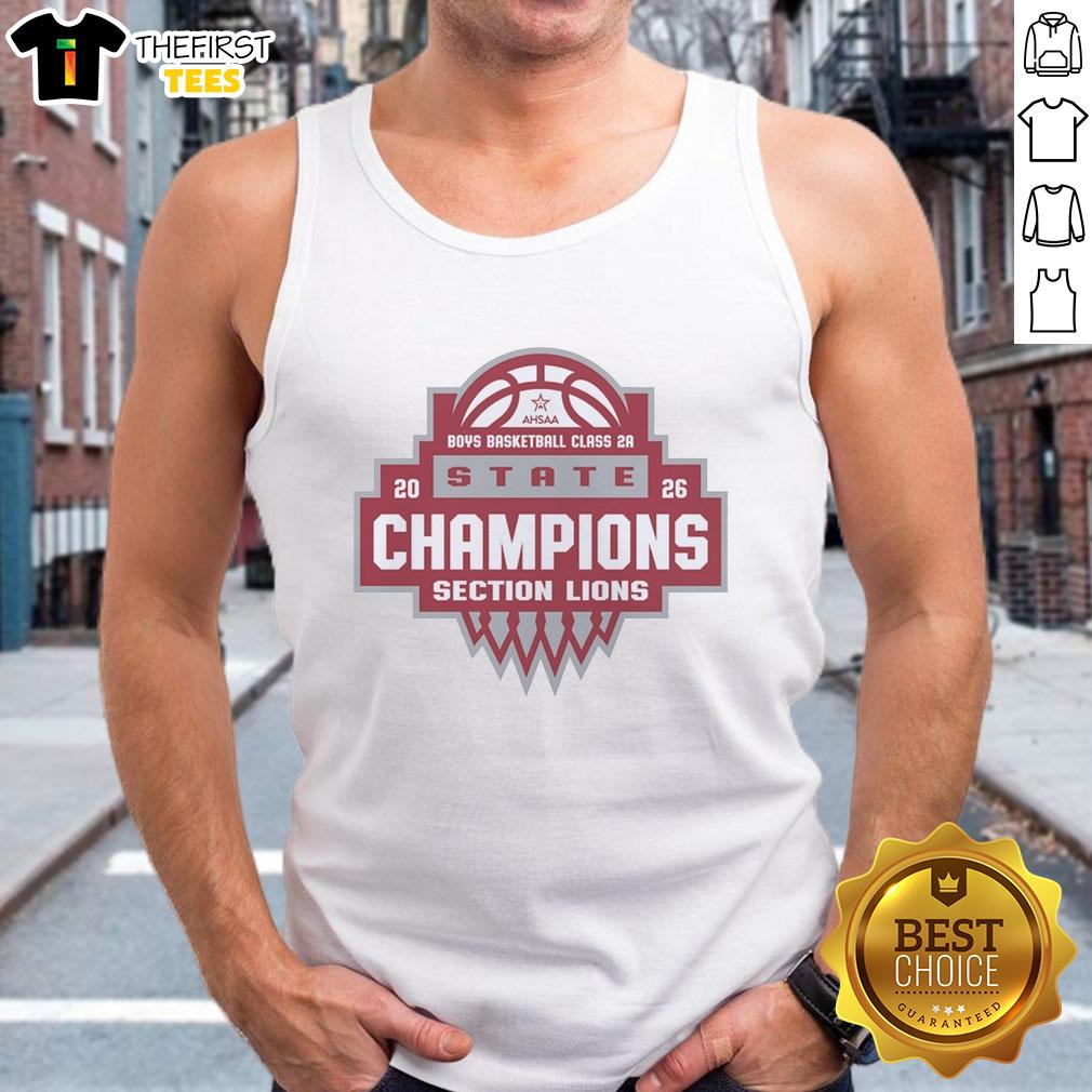 Alt Text: 2026 AHSAA Boys Basketball Class 2A State Champions tank top featuring the Top Section Lions logo.