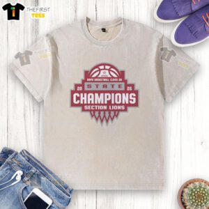 Alt Text: Top section of a washed t-shirt celebrating AHSAA Boys Basketball Class 2A State Champions 2026 featuring lions.