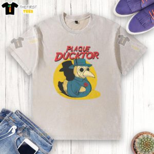 Alt Text: Top The Plague Ducktor washed t-shirt featuring a vibrant graphic design, perfect for casual wear and unique style.