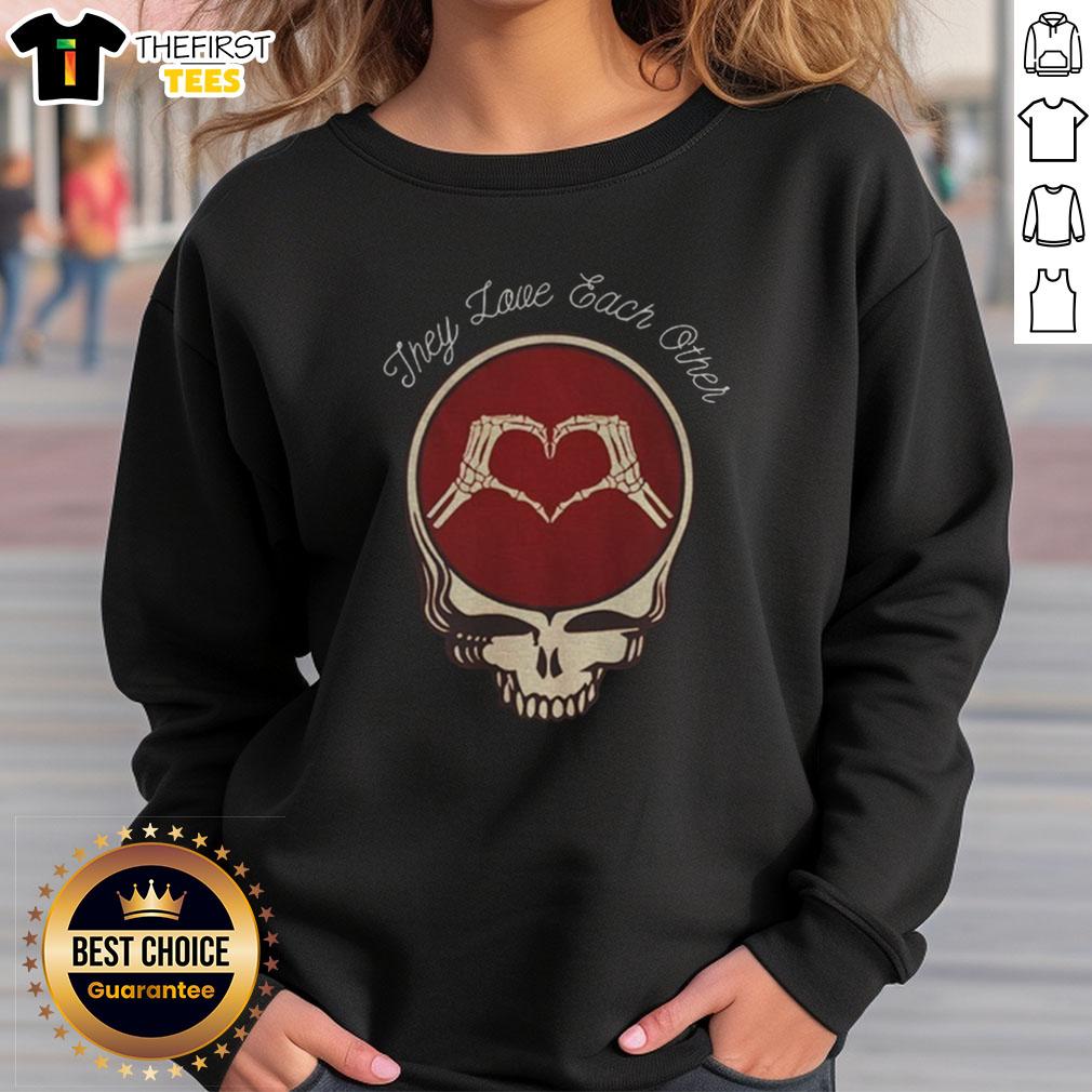 Cute Valentine's Day sweatshirt featuring Dead Head Jerry Garcia and Bob Weir, celebrating love and friendship.