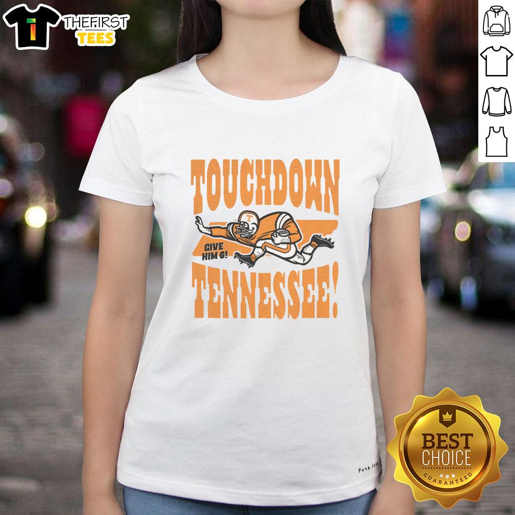 Vintage ladies tee featuring 'Top Touchdown Tennessee' design, perfect for Tennessee football fans and stylish game day wear.