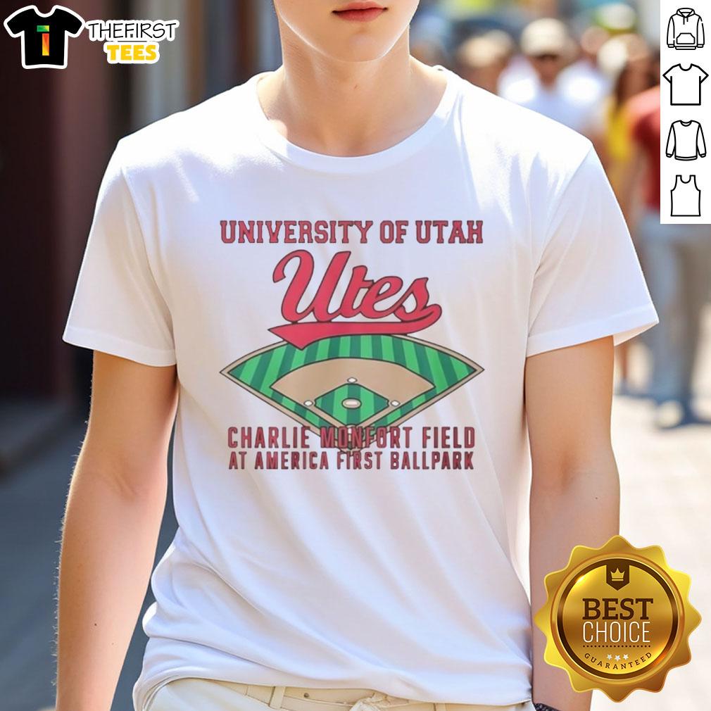 University of Utah Utes Charlie Monfort Field T-shirt, showcasing team pride at America First Ballpark.