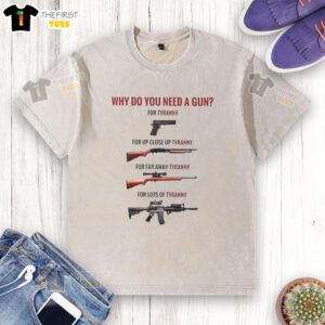 Close-up of a washed t-shirt featuring 'Top-Why-Do-You-Need-A-Gun-For-Tyranny' design, perfect for discussions on tyranny.