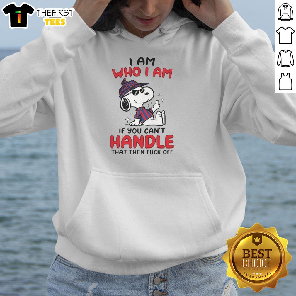 Funny Snoopy I Am Who I Am Middle Finger Hoodie featuring a playful Snoopy graphic and bold text design.
