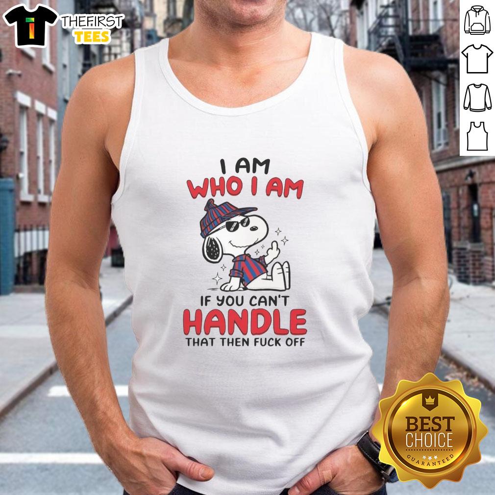 Funny Snoopy tank top with 'I Am Who I Am' and a middle finger graphic, perfect for casual and quirky outfits.