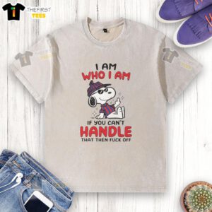 Alt Text: Funny Snoopy I Am Who I Am middle finger graphic on a washed t-shirt, perfect for casual, humorous outfits.