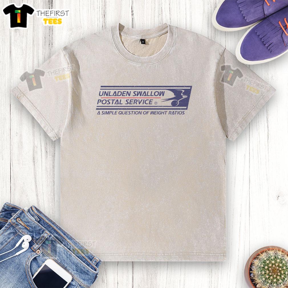 Premium Unladen Swallow Postal Service washed t-shirt featuring a quirky design, perfect for fans of clever humor.
