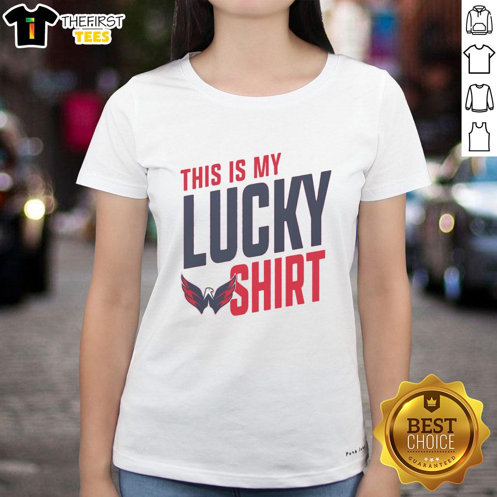 Alt Text: Premium Washington Capitals This Is My Lucky ladies tee featuring team colors and logo, perfect for fans.