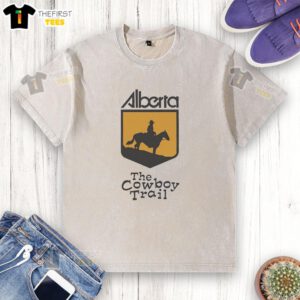 Alt Text: Pretty Alberta Cowboy Trail logo printed on a stylish washed t-shirt, perfect for outdoor adventures and casual wear.