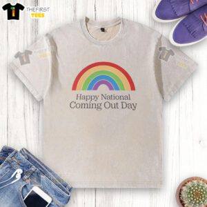 Alt Text: Pretty happy National Coming Out Day rainbow washed t-shirt showcasing vibrant colors and inclusive design.