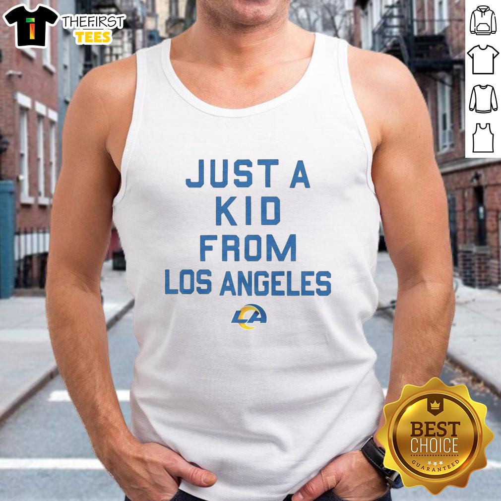 Pretty Los Angeles Rams tank top featuring 'Just a Kid from Los Angeles' design, perfect for Rams fans and summer wear.