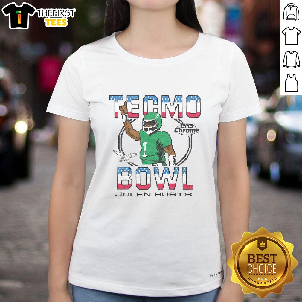 Alt Text: Pretty Tecmo Bowl X Topps Chrome Eagles Jalen Hurts Ladies Tee showcasing vibrant design and team spirit.