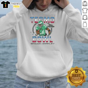 Alt Text: Pretty Tecmo Bowl X Topps Chrome Eagles Saquon Barkley hoodie featuring vibrant graphics and team colors.