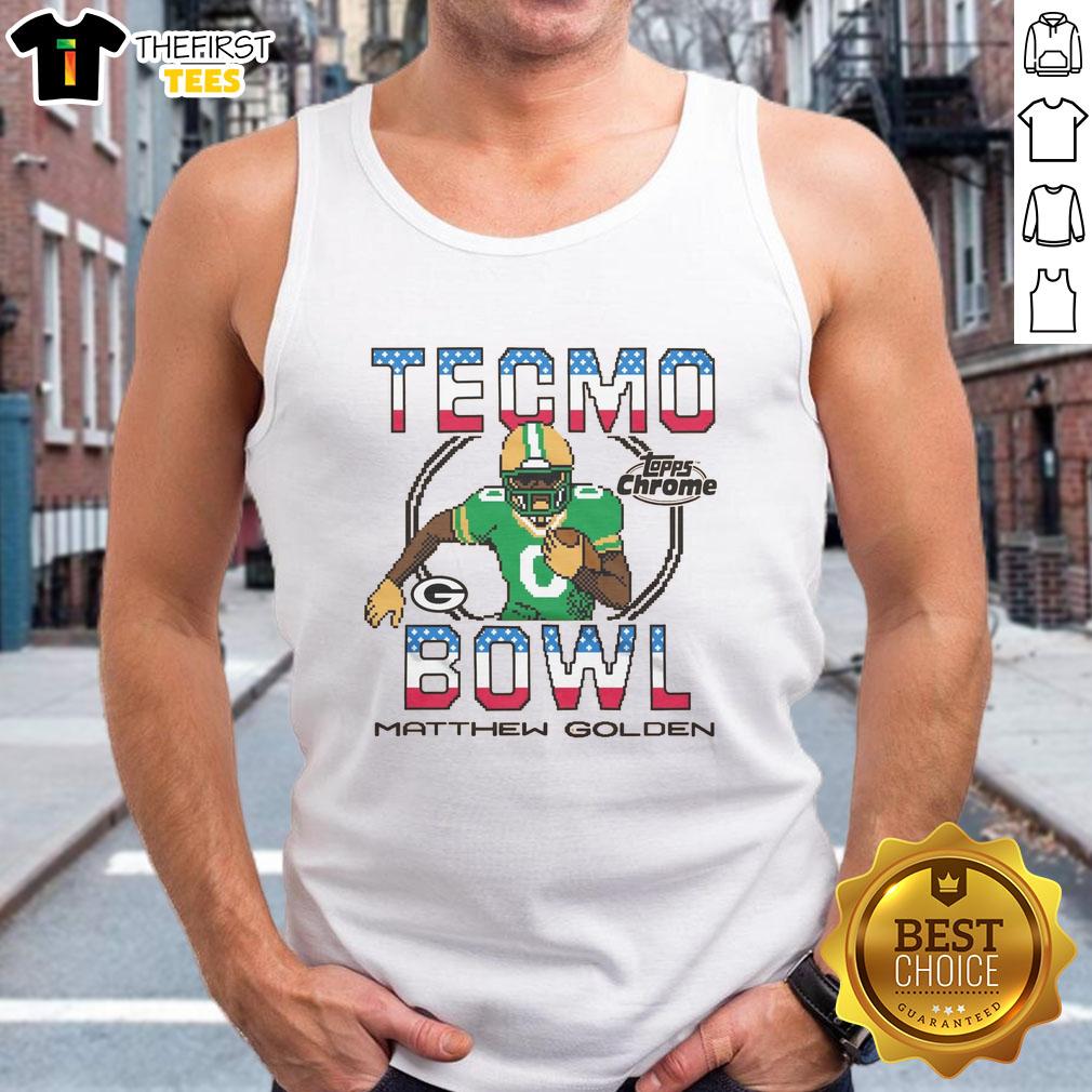 Pretty Tecmo Bowl X Topps Chrome Packers Matthew Golden Tank Top featuring a vibrant sports design for fans.