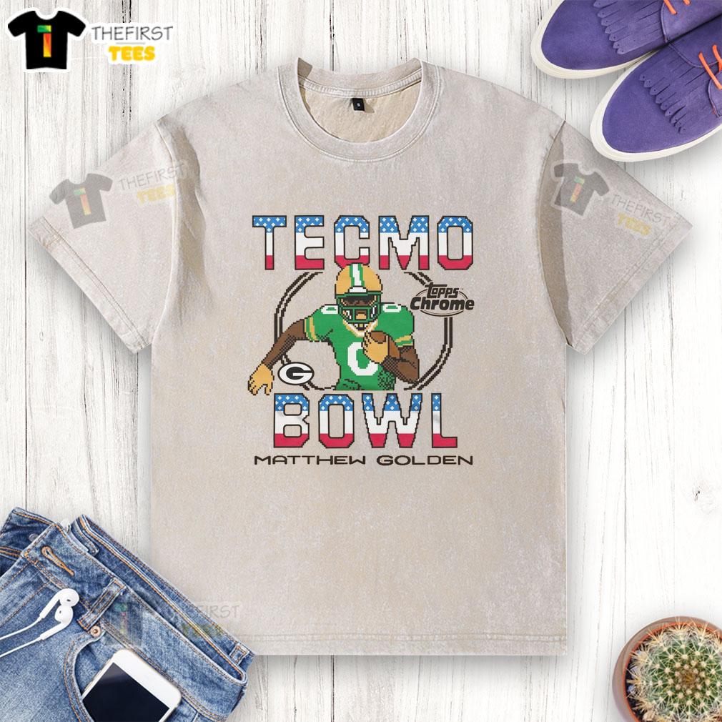 Pretty Tecmo Bowl X Topps Chrome Packers Matthew Golden Washed T-Shirt showcasing a vibrant design and comfortable fit.