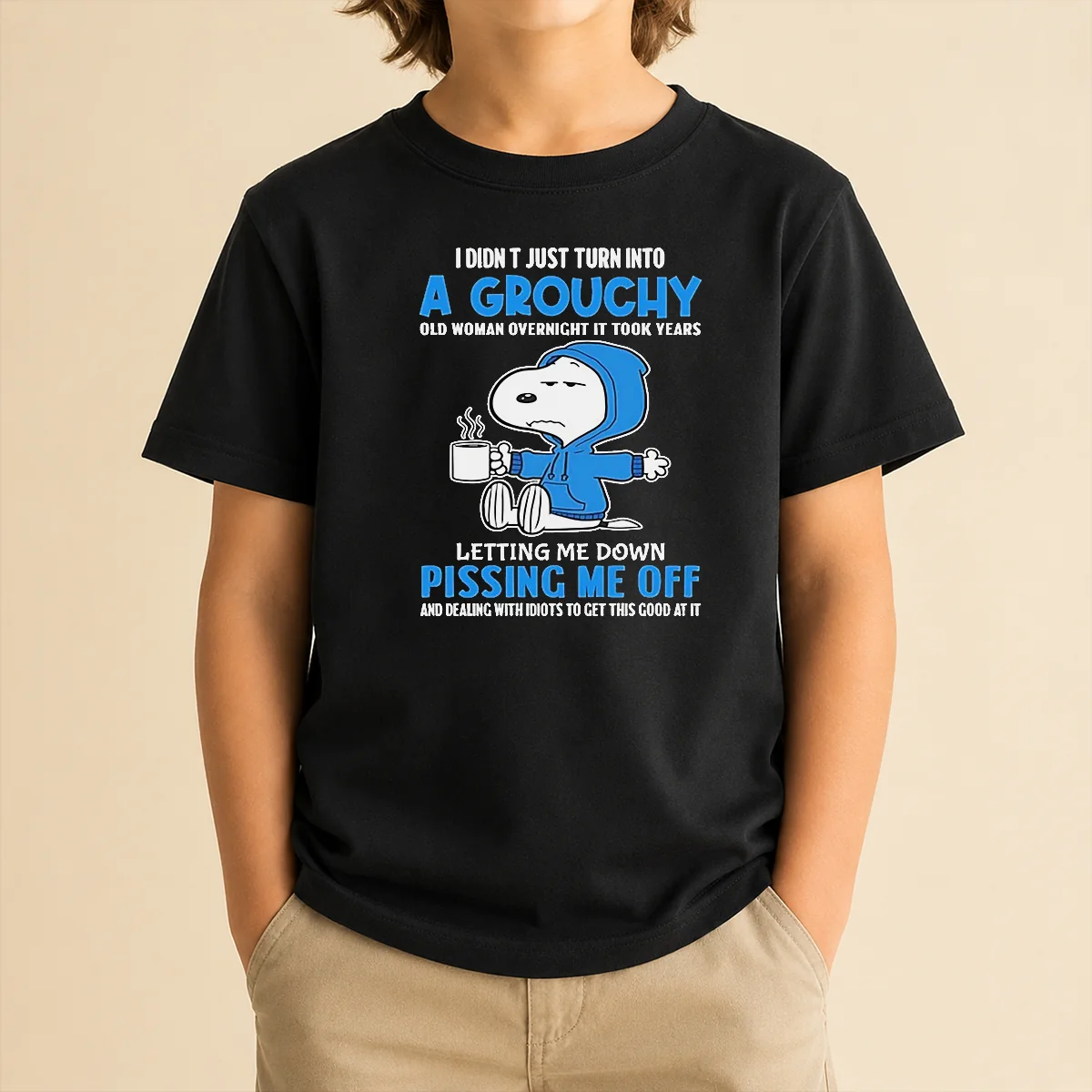 Awesome Snoopy I Didn'T Just Turn Into A Grouchy Old Woman Overnight It Took Years Kids T-Shirt