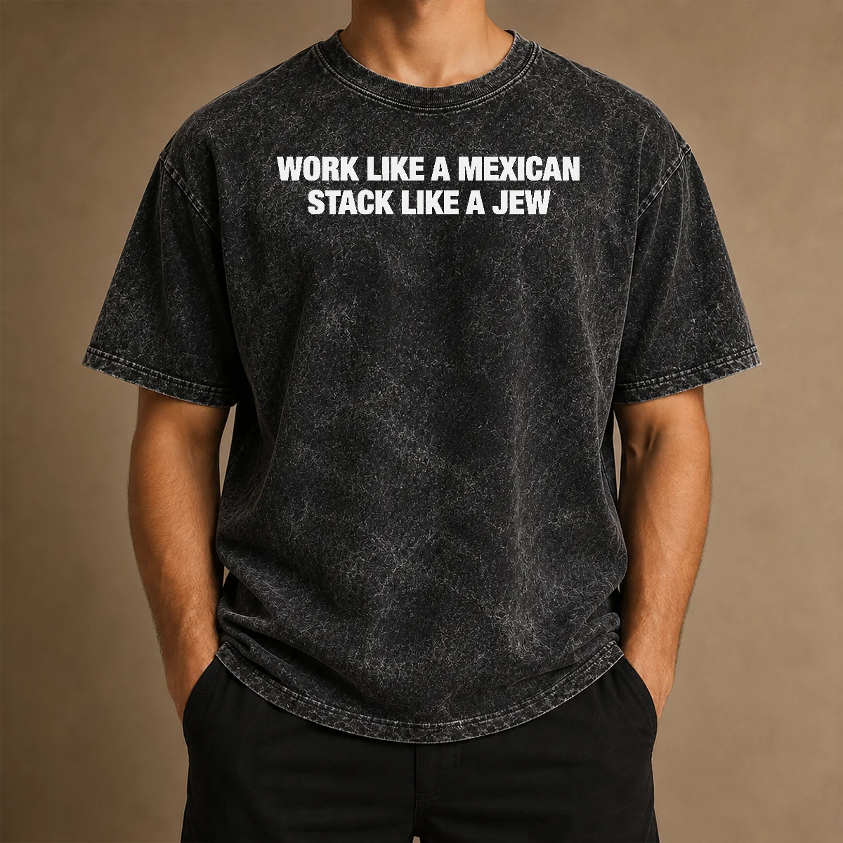 Awesome Work Like A Mexican Stack Like A Jew Text printed on a soft washed cotton t shirt in light gray