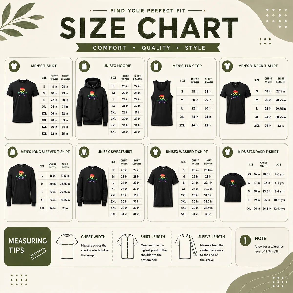 Good Rainbow Skull And Crutches Pride Symbol Disability Awareness Size Chart Size chart for Good Rainbow Skull And Crutches Pride Symbol Disability Awareness with measurements in inches and cm