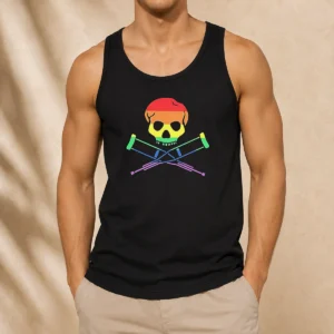 Good Rainbow Skull And Crutches Pride Symbol Disability Awareness Tank Top in vibrant colors on a sleeveless garment
