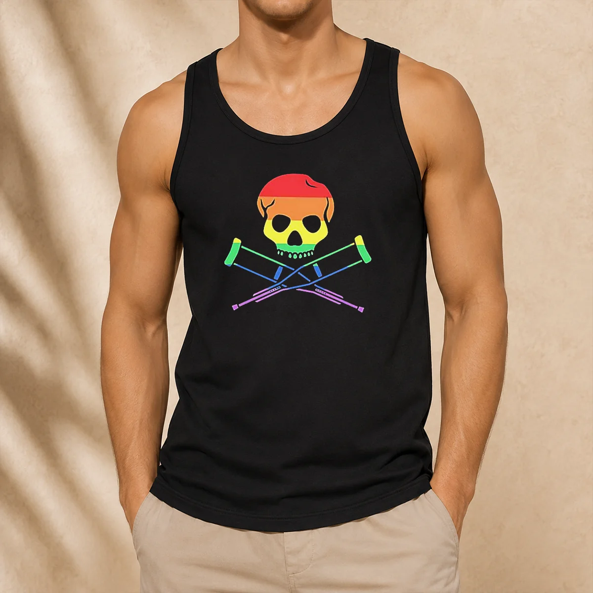 Good Rainbow Skull And Crutches Pride Symbol Disability Awareness Tank Top in vibrant colors on a sleeveless garment