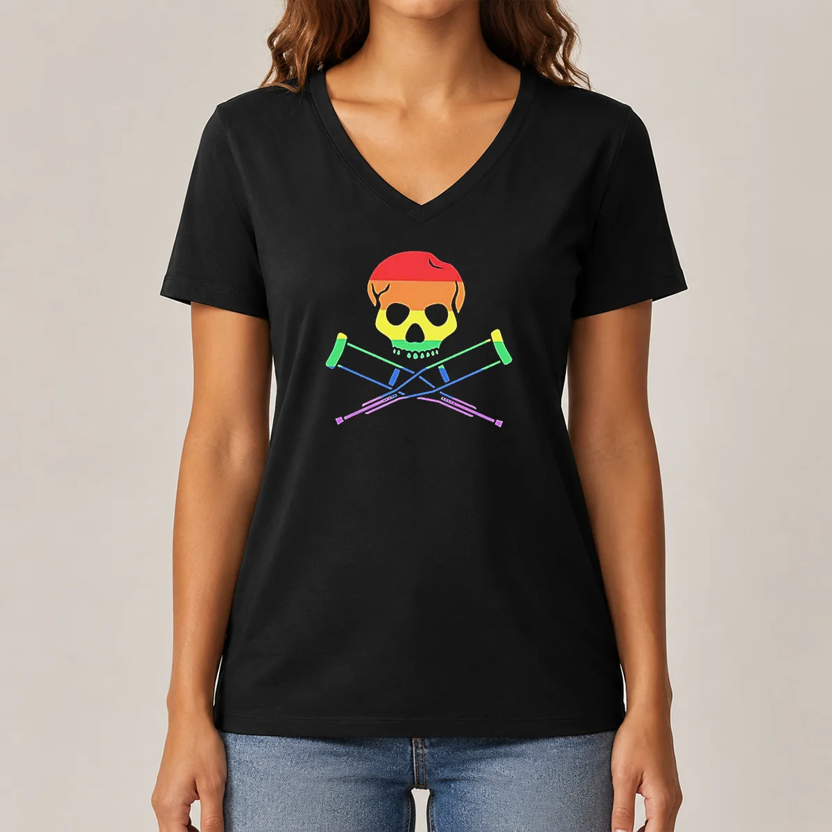 Good Rainbow Skull And Crutches Pride V-Neck Shirt Good Rainbow Skull And Crutches Pride V-Neck Shirt