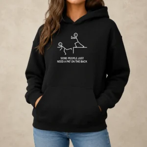 Good Stick Figure Some People Just Need A Pat On The Back Cliff Push Hoodie in charcoal gray, front view with kangaroo pocket and drawstring hood
