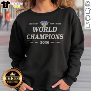 Good World Champions Team Finland 2026 IIHF World Hockey Champions Maailman Mestarit Sweatshirt in navy blue.