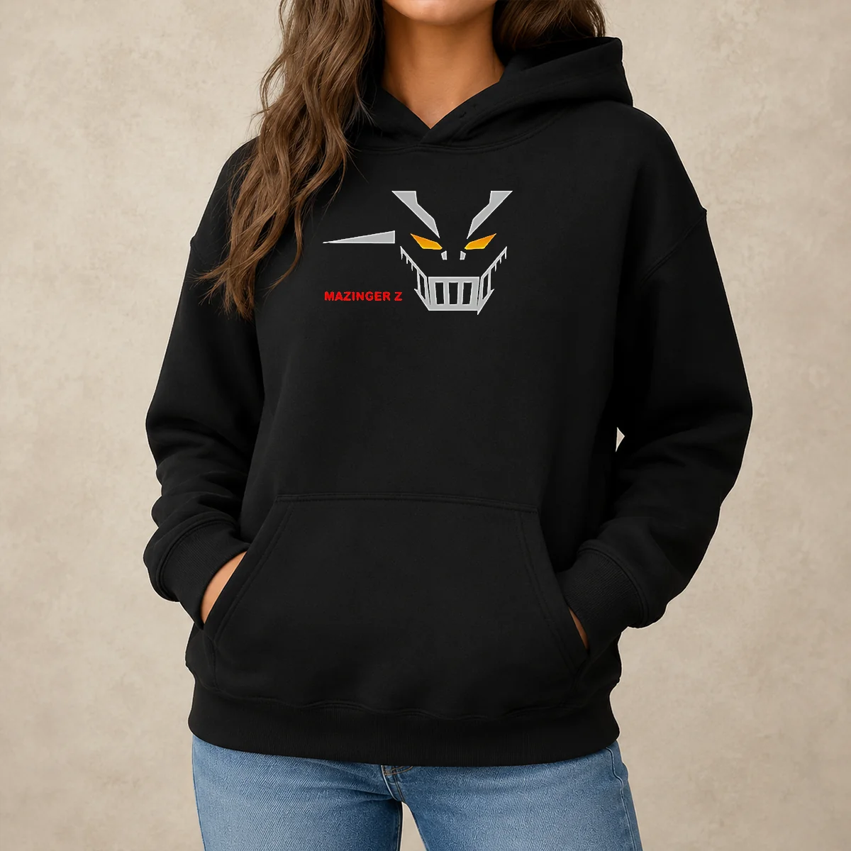 Nice Mazinger Z Robot Face Logo Hoodie in black with front graphic print and adjustable drawstring hood