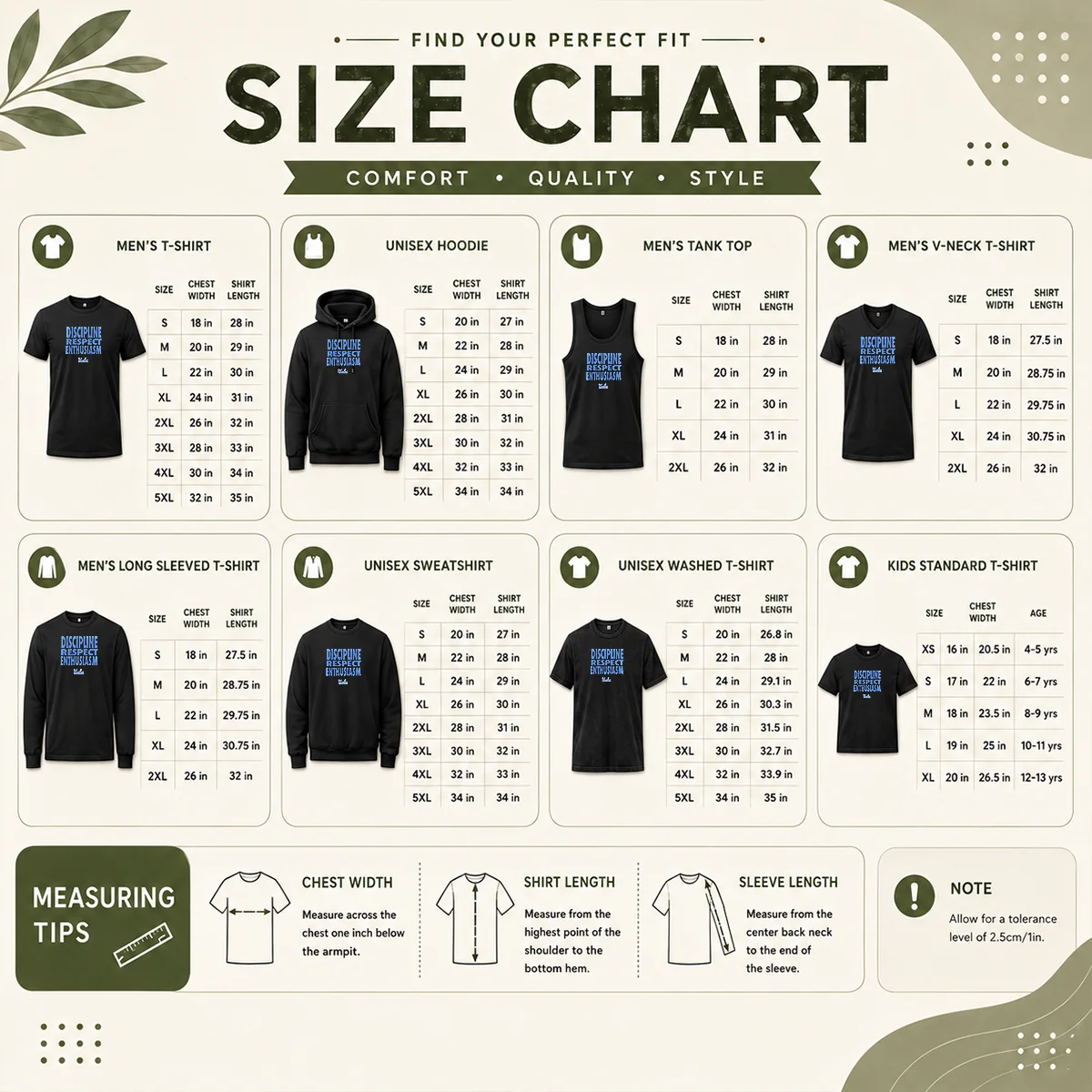Official UCLA Bruins Discipline Respect Enthusiasm Size Chart Size chart for Official UCLA Bruins Discipline Respect Enthusiasm showing measurements in inches and cm