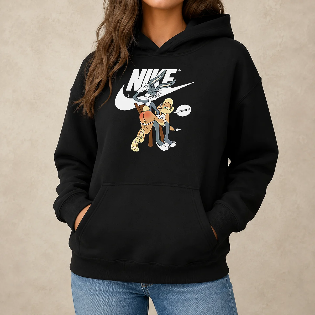 Original Nike Bugs Bunny Spanking Lola Hoodie in charcoal gray with front kangaroo pocket and drawstring hood