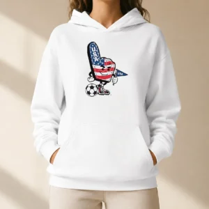 Original USA Soccer Mascot Foam Finger With Ball And Pennant Hoodie in navy blue, front view with detailed mascot graphic