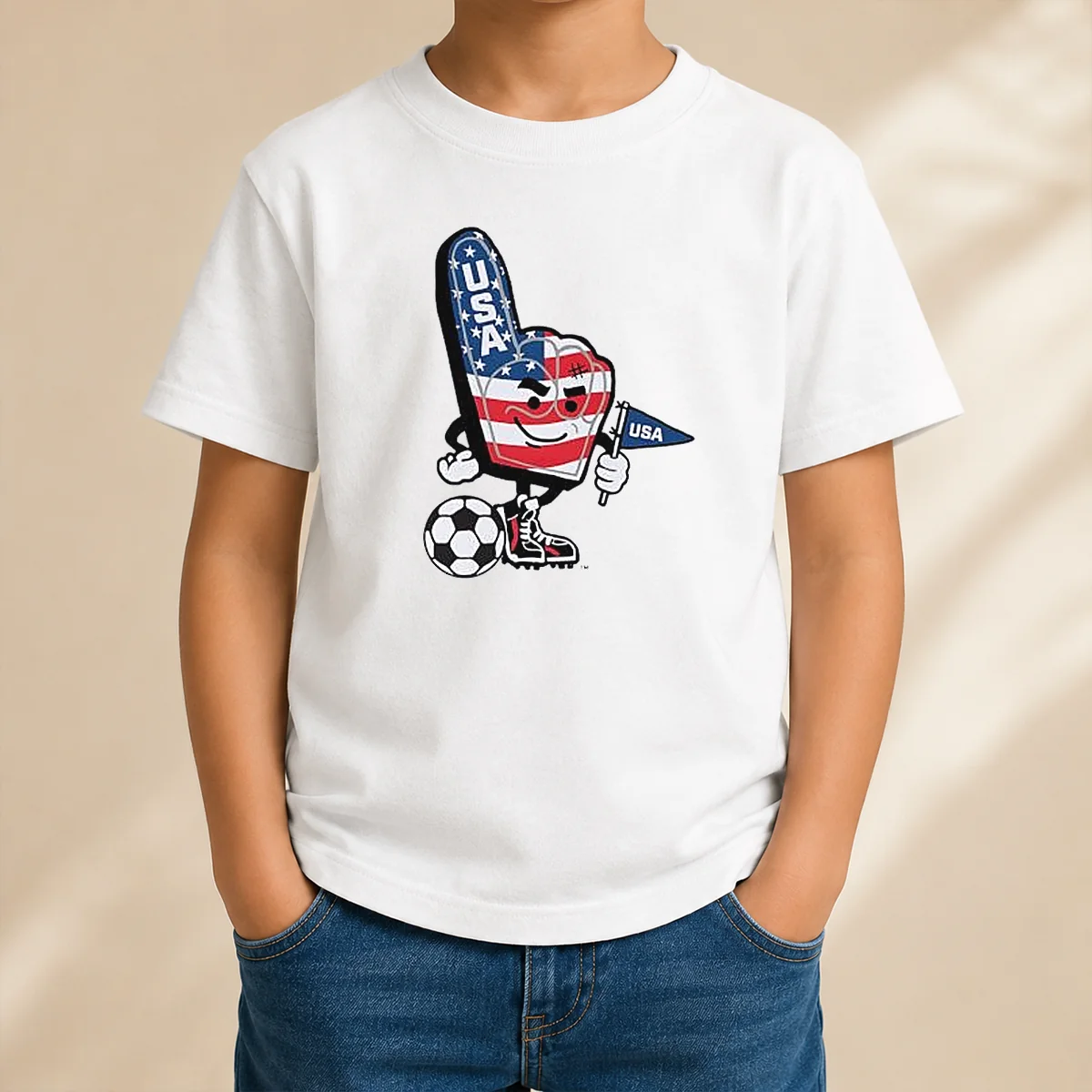 Original USA Soccer Mascot Foam Finger With Ball And Pennant Kids T-Shirt