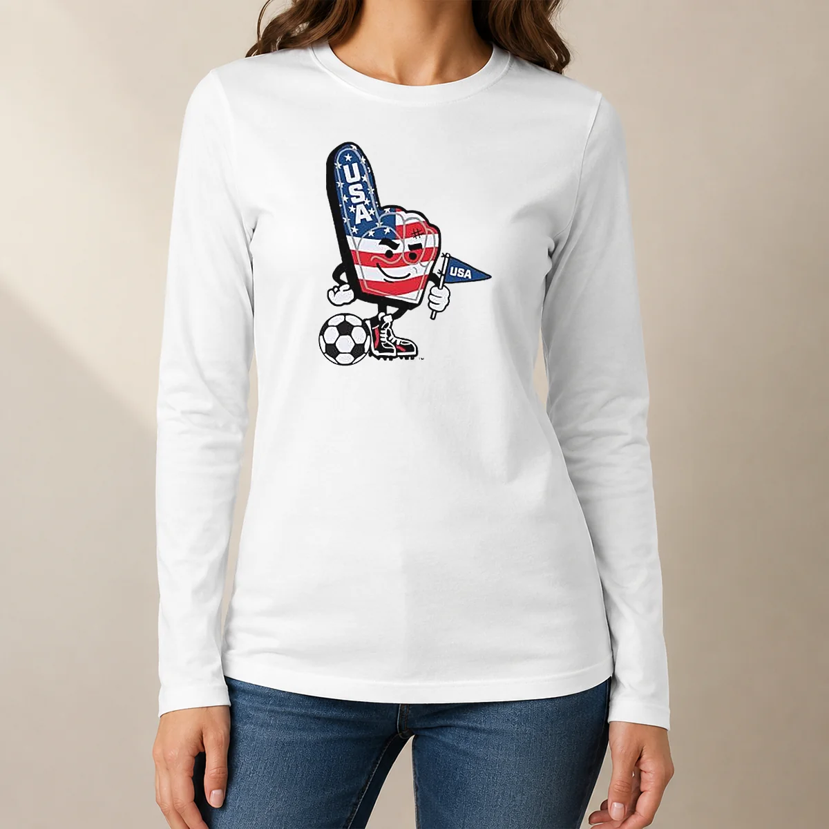 Original USA Soccer Mascot Foam Finger With Ball And Pennant Long Sleeve Shirt