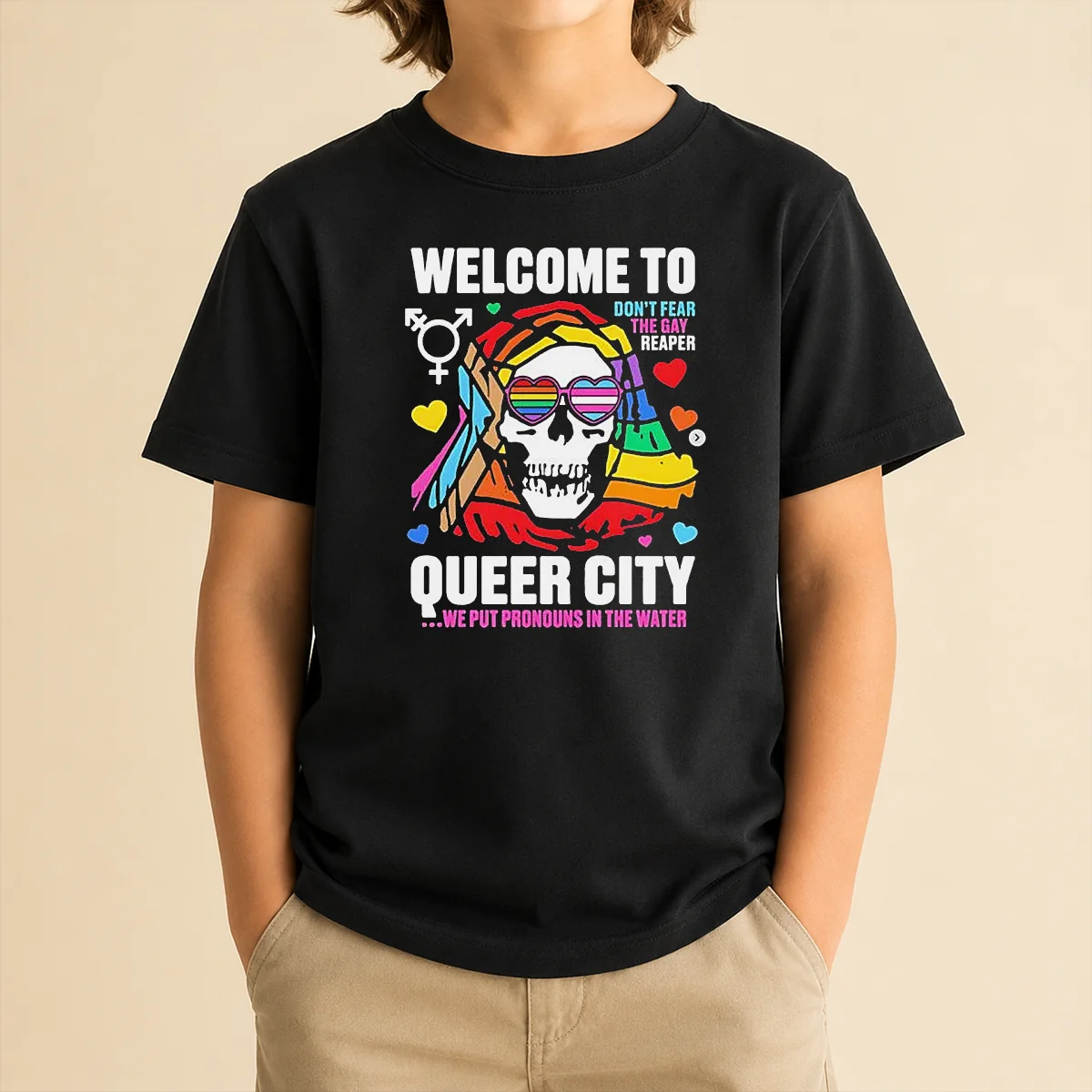 Original Welcome To Queer City Dont Fear The Gay Reaper We Put Pronouns In The Water Kids T Shirt in vibrant colors on a soft cotton fabric