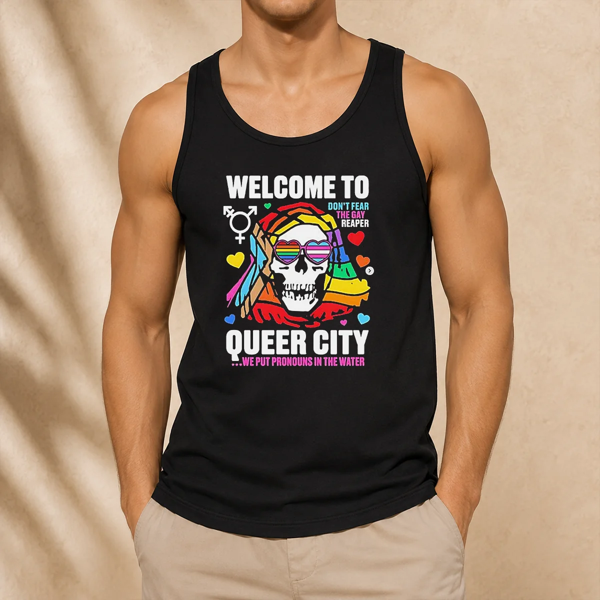 Original Welcome To Queer City Dont Fear The Gay Reaper We Put Pronouns In The Water Tank Top