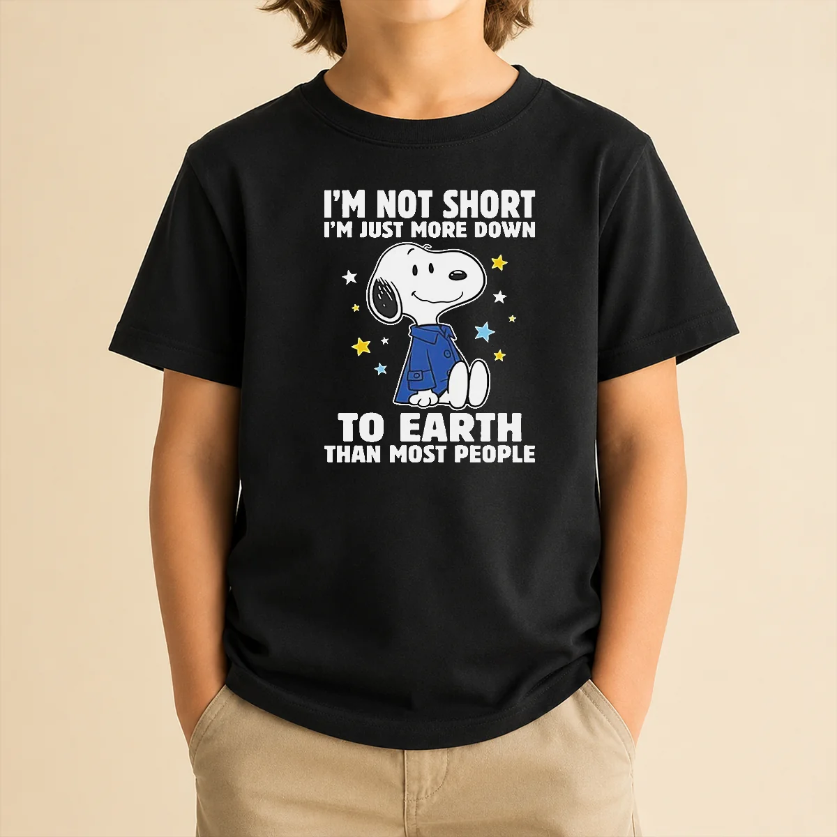 Premium Snoopy I'M Not Short I'M Just More Down To Earth Than Most People kids t shirt with graphic print