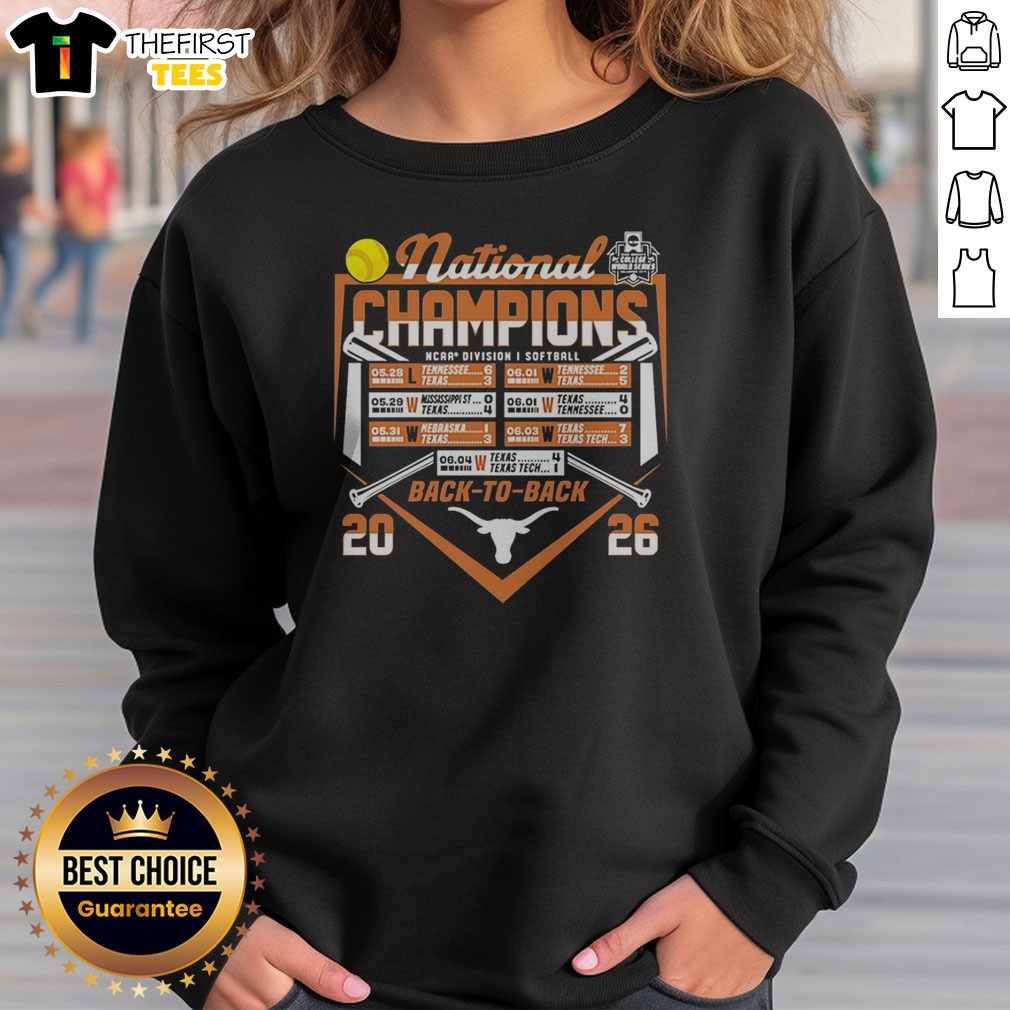 Premium Texas Longhorns National Champions NCAA Softball Back To Back 2026 Team Shirt on Sweatshirt Premium Texas Longhorns National Champions NCAA Softball Back To Back 2026 Team Shirt shown as a sweatshirt preview