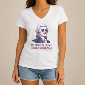 Premium Thomas Jefferson 1776 Bitches Love Independence V Neck Shirt in dark color showing front design and V neck style