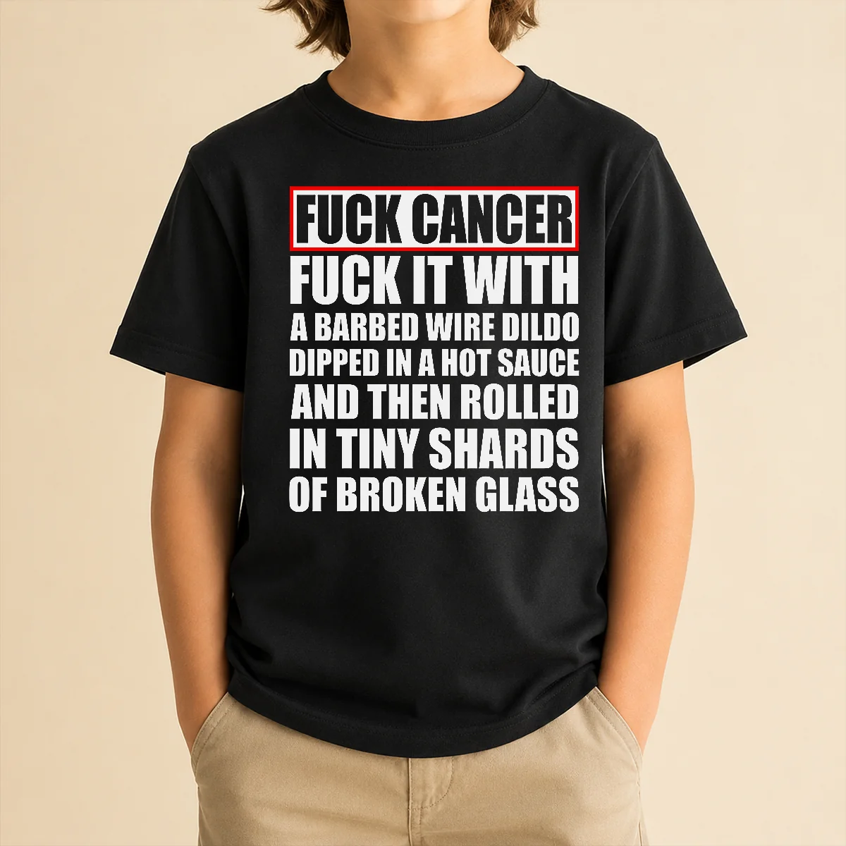 Pretty Fck Cancer Fck It With A Barbed Wire Dildo Dipped In Hot Sauce Kids T Shirt featuring bold graphic print on a short sleeve cotton tee