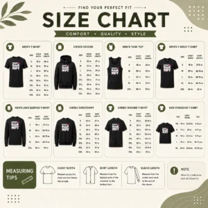 Size chart for Pretty Nobody Is Exempt with measurements in inches and centimeters