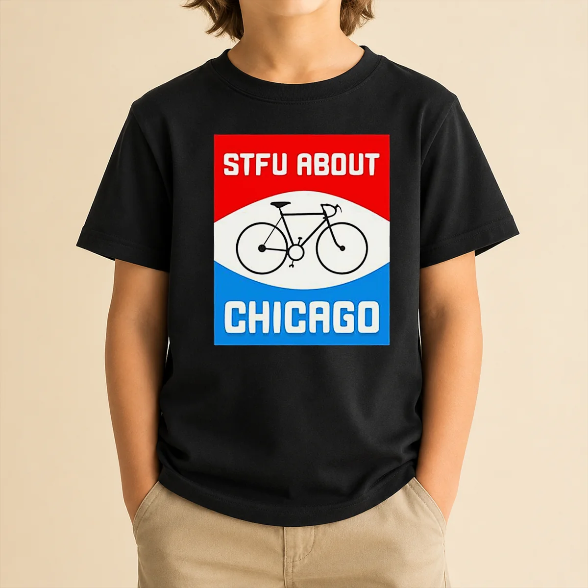Pretty Stfu About Chicago Cycling Enthusiast Bicycle Lifestyle kids t shirt in blue, featuring bold white and red text