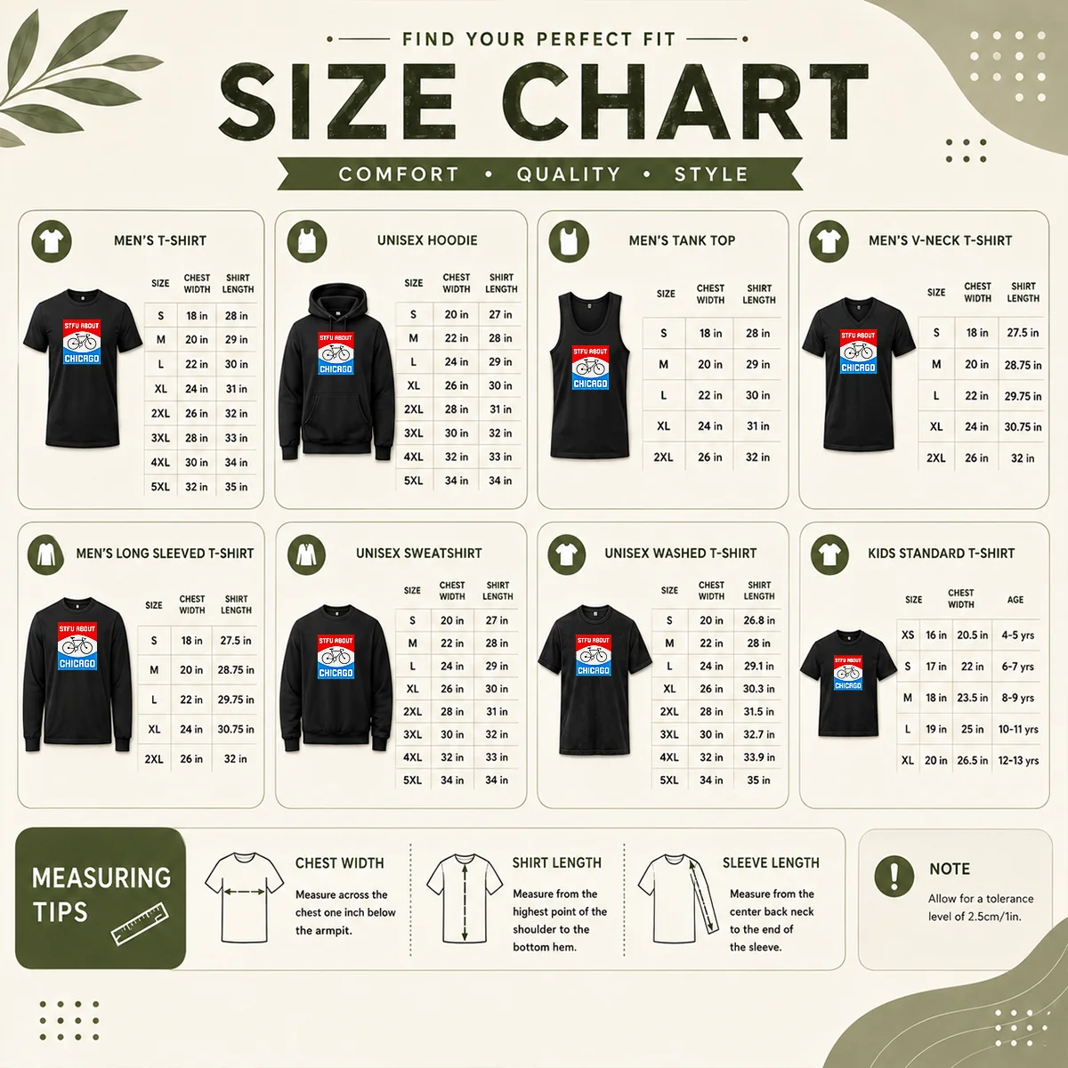 Pretty Stfu About Chicago Cycling Enthusiast Bicycle Lifestyle Size Chart Size chart for Pretty Stfu About Chicago Cycling Enthusiast Bicycle Lifestyle Shirt with measurements in inches and centimeters