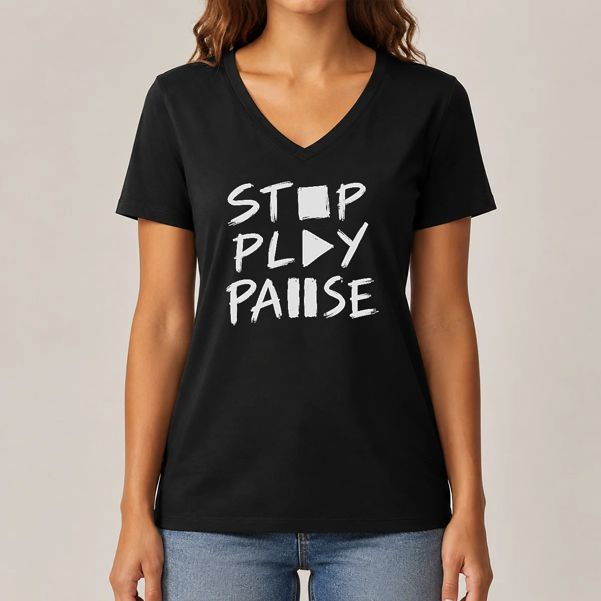 Pretty Stop Play Pause V-Neck Shirt Pretty Stop Play Pause V-Neck Shirt