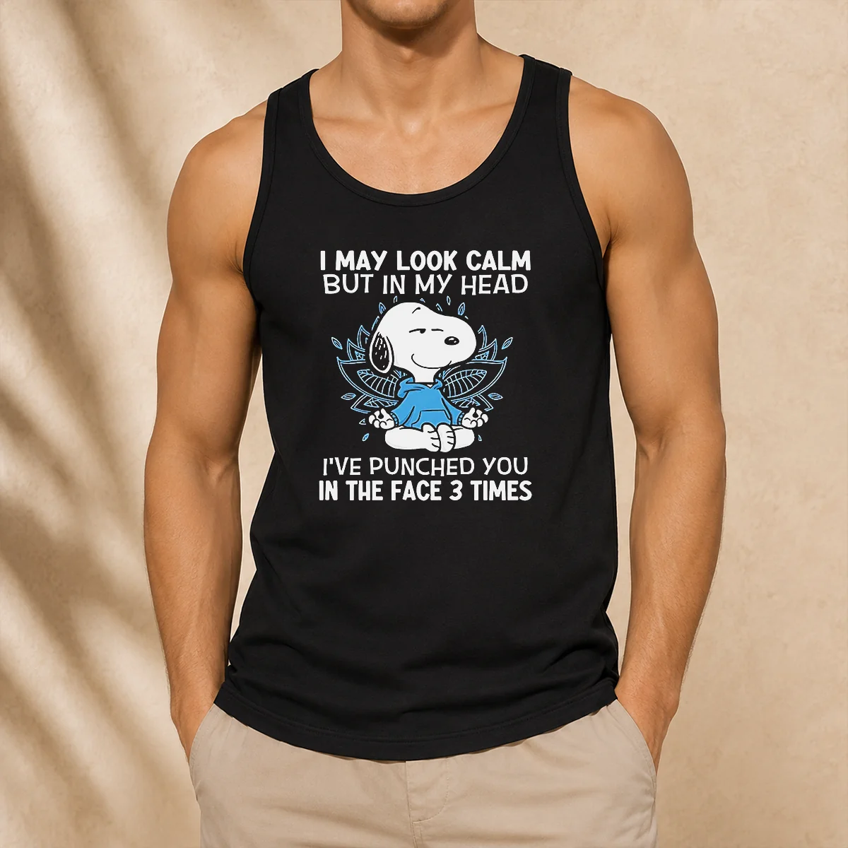 Top Snoopy I May Look Calm But In My Head I'Ve Punched You In The Face 3 Times tank top in white, sleeveless casual wear