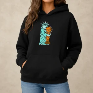 Top Statue Of Liberty Hug Larry O'Brien Trophy Knicks Forever Hoodie in black, front view with kangaroo pocket and drawstring hood