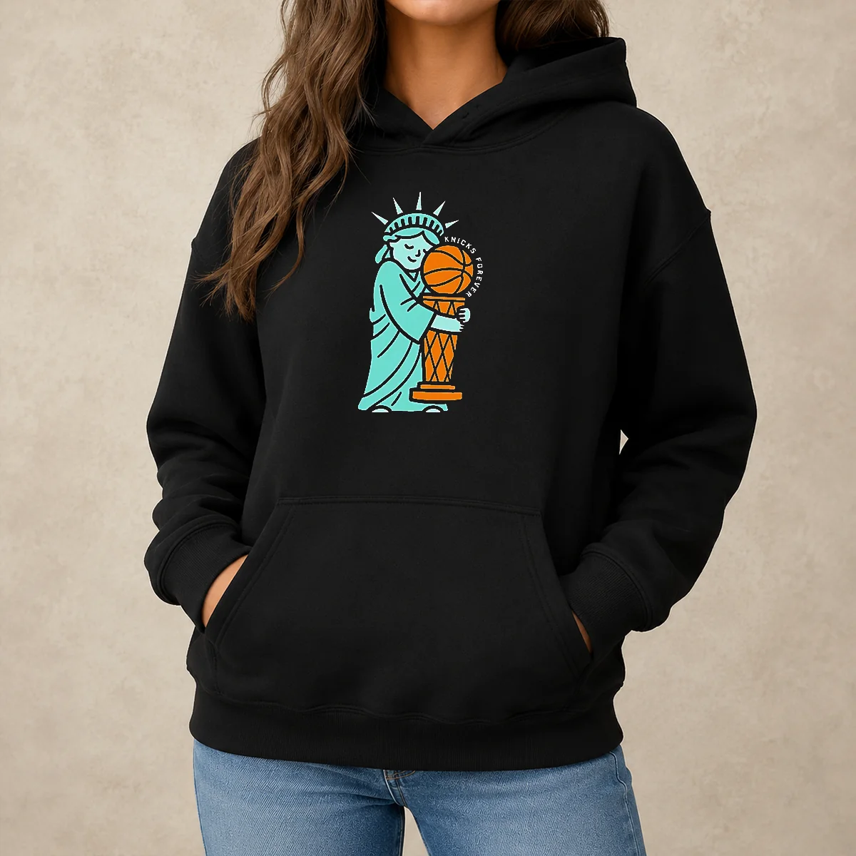 Top Statue Of Liberty Hug Larry O'Brien Trophy Knicks Forever Hoodie in black, front view with kangaroo pocket and drawstring hood
