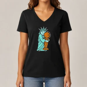 Top Statue Of Liberty Hug Larry O'Brien Trophy Knicks Forever V Neck Shirt in navy blue with classic fit
