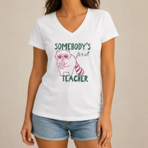 Awesome Funny Somebody'S Feral Teacher Raccoon With Iced Coffee V Neck Shirt in dark color, casual short sleeve top