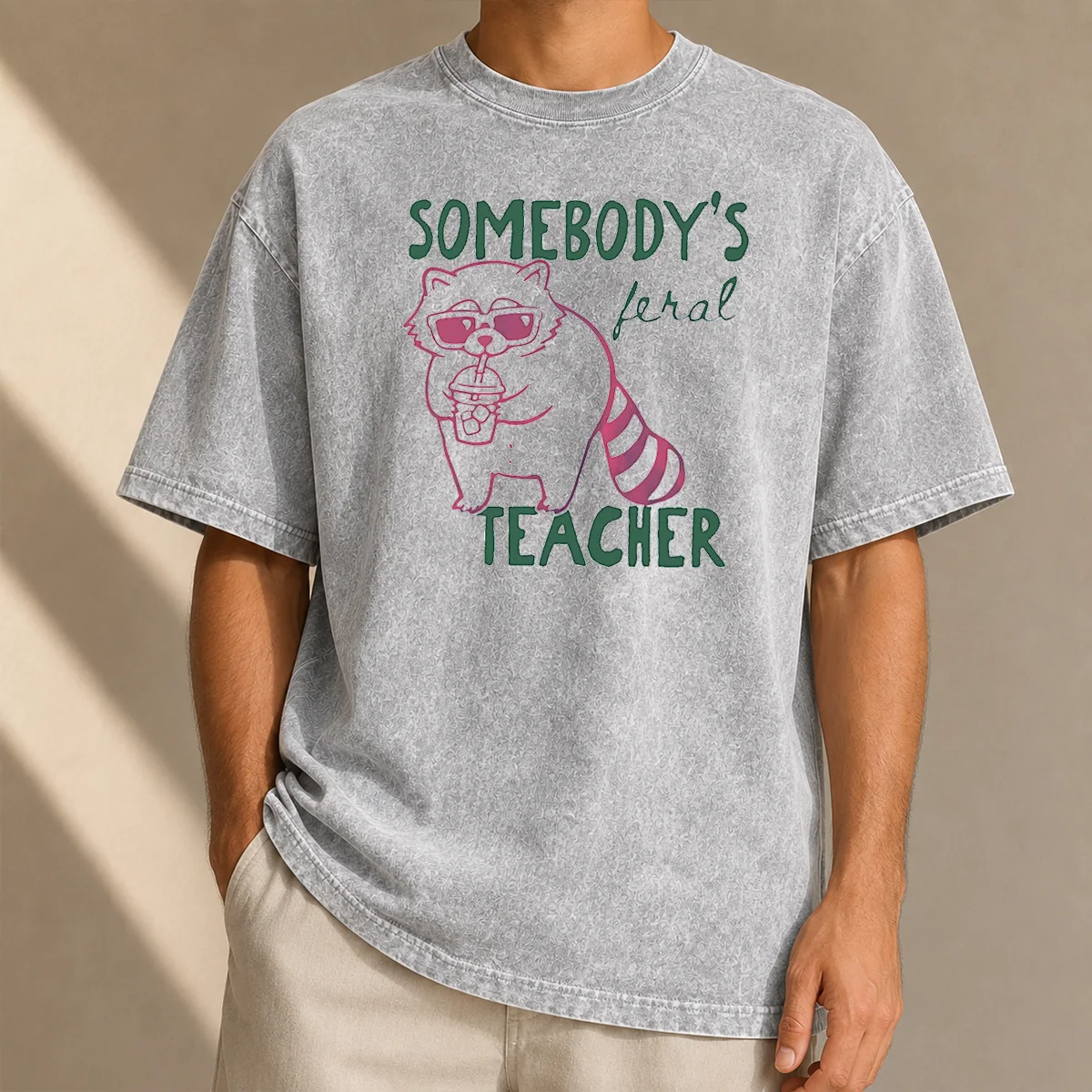 Awesome Funny Somebody'S Feral Teacher Raccoon With Iced Coffee Washed T-Shirt