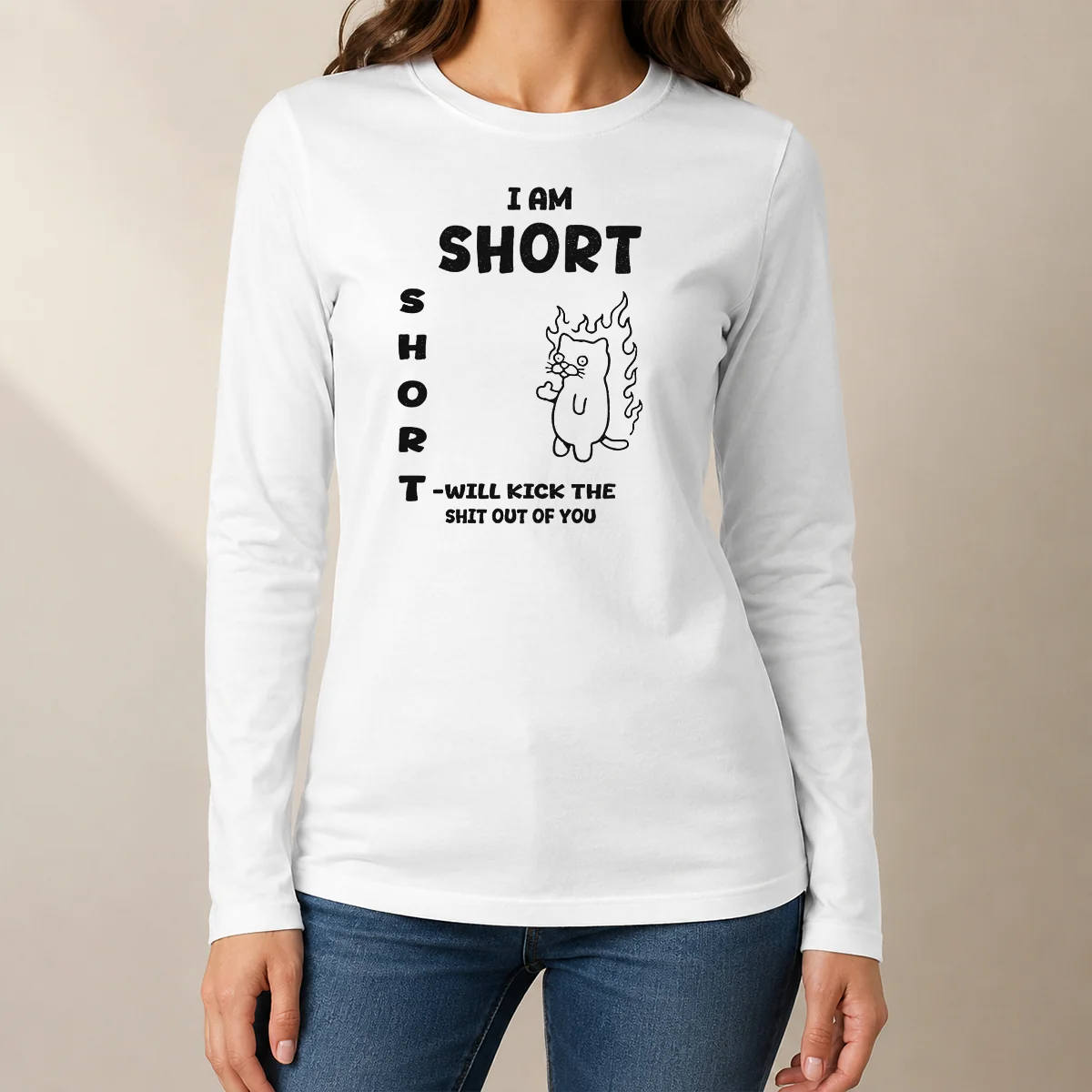 Awesome Official I Am Short Short Will Kick The Shit Out Of You Cat long sleeve shirt in black with bold graphic print